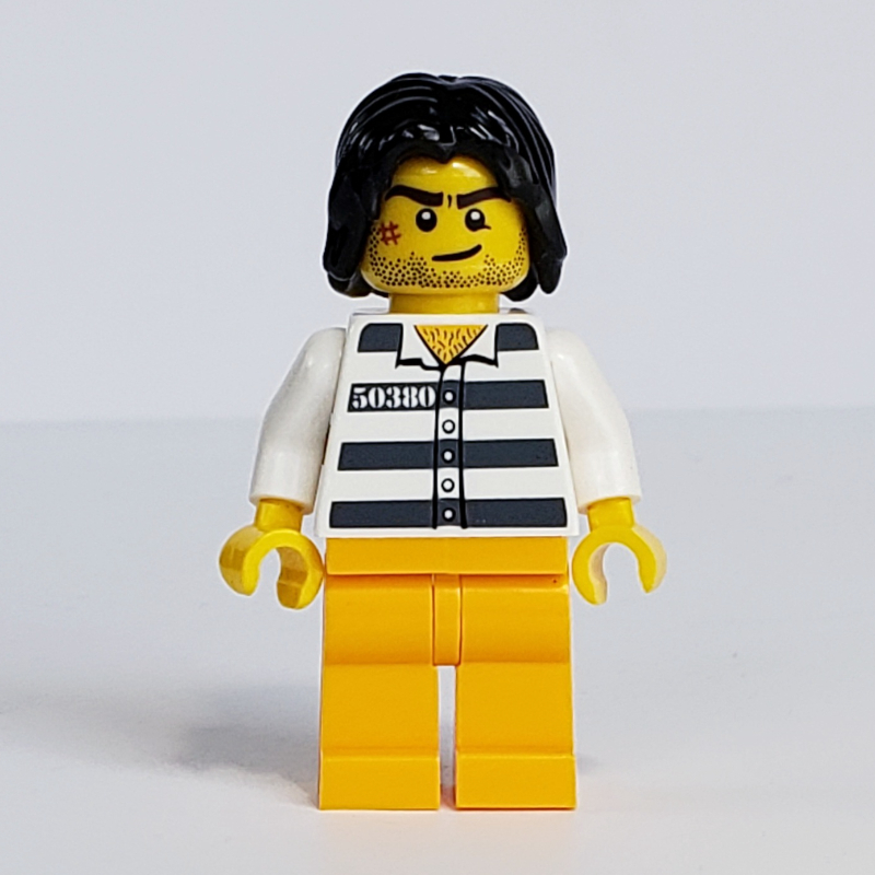 Lego Criminal, Prison Shirt with #50380, Bright Light Orange Legs, Black Hair
