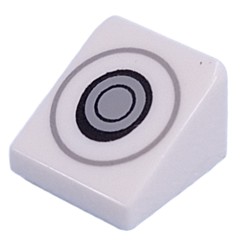 Lego Brick Sloped 30° 1 x 1 x 2/3 (Cheese Slope) with Silver Circles, Button print / White