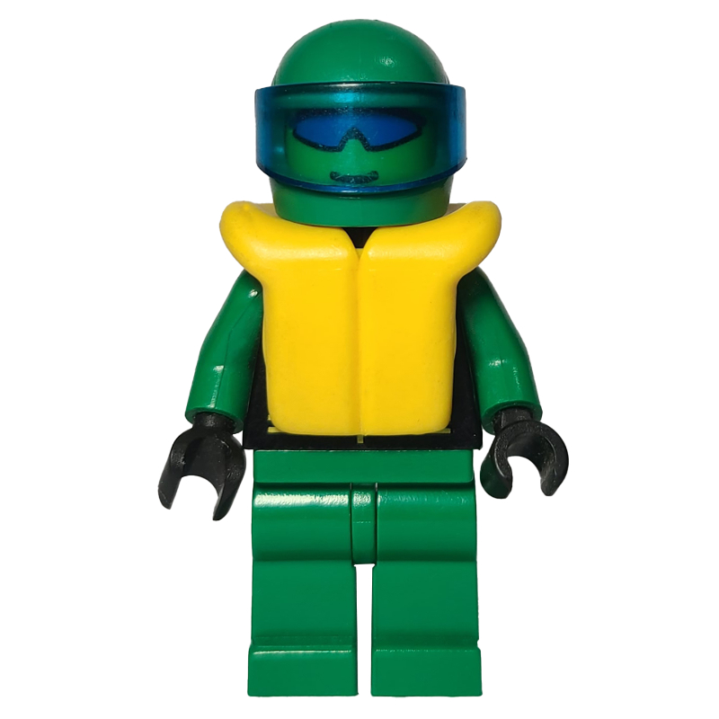 Lego Racer, Extreme Team, Black Jacket, Green Legs, Green Helmet with Visor, Yellow Life Vest, Blue Sunglasses
