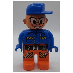 Duplo Figure, Early, Cap Blue, Orange Legs with Belt, Pen, Chain, Radio, and Wrench Print (Action Wheeler) / Blue