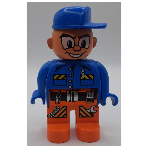 Lego Duplo Figure, Early, Cap Blue, Orange Legs with Belt, Pen, Chain, Radio, and Wrench Print (Action Wheeler) / Blue