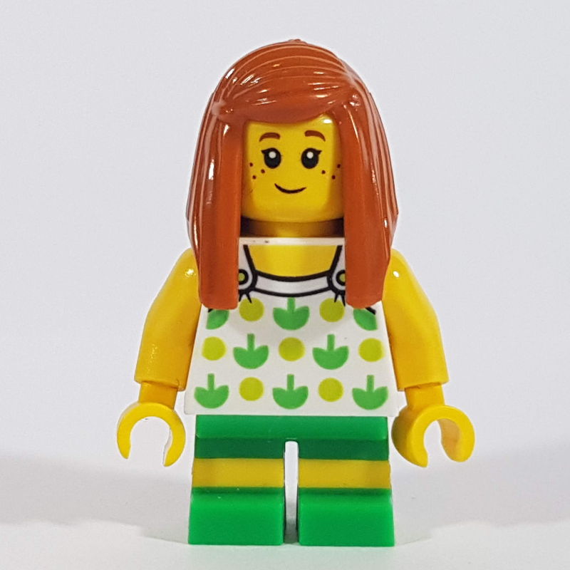 Lego Girl, White Top with Lime and Green Pattern, Green Shorts, Dark Orange Hair