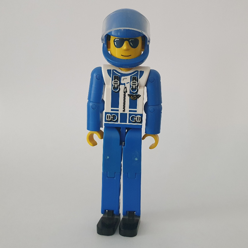 Lego Technic Figure Blue Legs, White Top with Zip & Shoulder Harness Print, Blue Arms - Blue Helmet