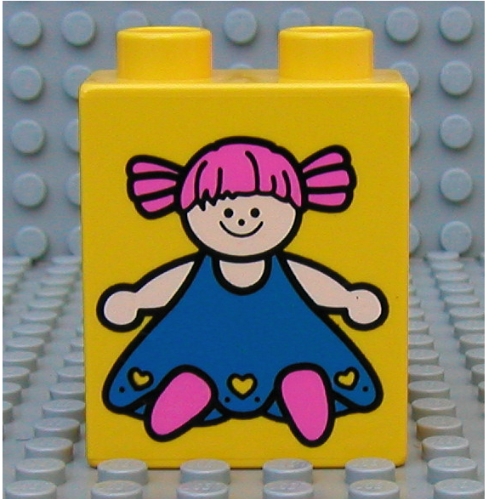Lego Duplo Brick 1 x 2 x 2 with Blue Doll Print / Yellow