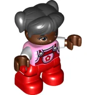 Duplo Figure Child with Ponytails and Bangs Black, with Red Legs, Red Dungarees with Flower Print / Bright Pink
