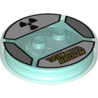 Function Brick Round 4 x 4 x 2/3 with 2 Studs and Gold 'DOC BROWN' and Black Radioactive Symbol Print / Trans-Light Blue