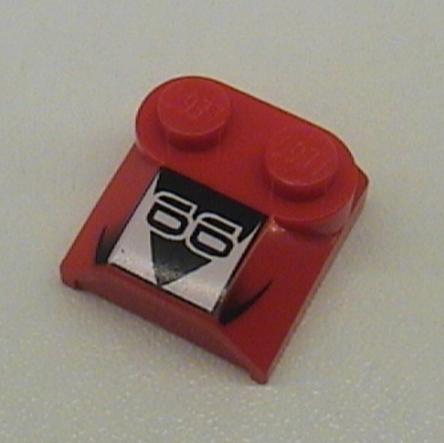 Lego Brick Curved 2 x 2 x 2/3 Two Studs and Lip End with '66', Black Triangle, White Square Print