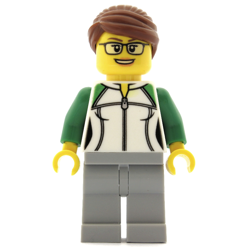 Lego Woman, Green and White Jacket with Zipper, Light Bluish Gray Legs, Reddish Brown Hair, Glasses