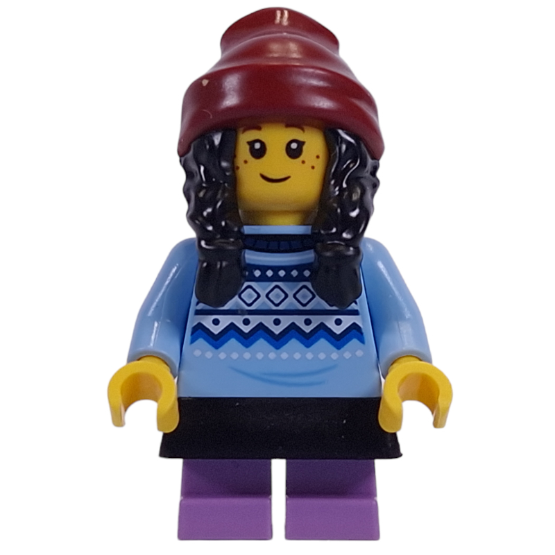 Lego Kid, Bright Light Blue Torso, Black Dress, Medium Lavender Legs, Dark Red Beanie