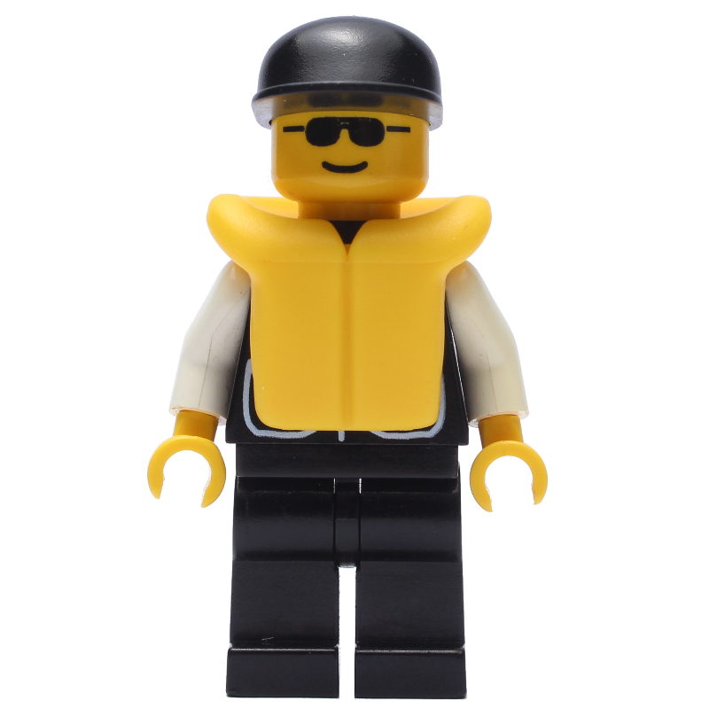 Lego Policeman, Black Vest with Badge and Pockets, Black Cap, Yellow Life Vest, Sunglasses