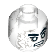 Lego Minifig Head Captain Salazar, White Face with Gray Cracks and Spots, Bushy Black Eyebrows, White Eyes, Bared Teeth Print [Hollow Stud] / Trans-Clear