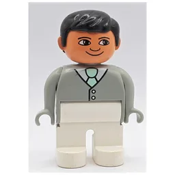 Duplo Figure, Early, with Short Parted Hair Black, White Legs, Buttons, Light Green Tie Print / Light Gray