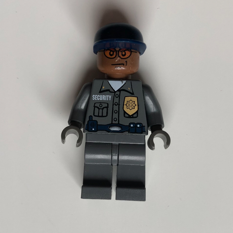 Lego Security Guard Dark Bluish Gray Shirt with Badge, Dark Blue Cap, Orange Sunglasses