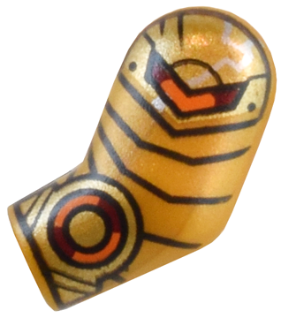 Lego Arm, Left with Gold Armor Plates and Dark Red and Orange Circle and Chevron Pattern / Pearl Gold
