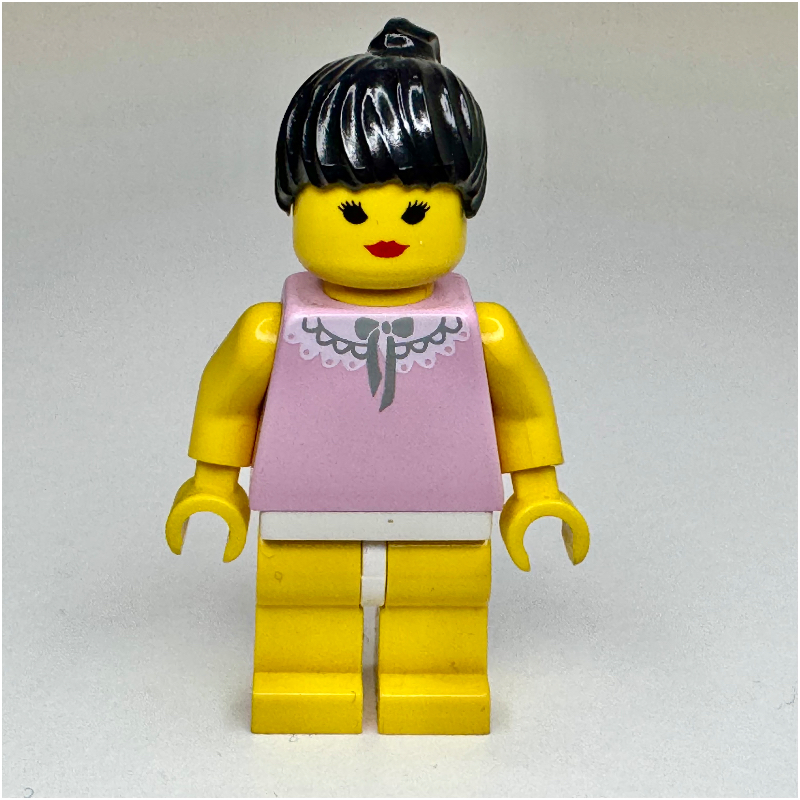 Lego Woman, Pink Top with Lace Collar, Yellow Legs, Black Hair