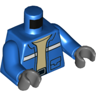Lego Torso Jacket with Pockets and White Stripe, Open over Tan Undershirt Print, Blue Arms, Dark Bluish Gray Hands / Blue