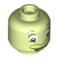 Lego Minifig Head Jiminy Cricket, Flat Nose, White Eyes, Open Mouth, Orange Tongue print / Yellowish Green