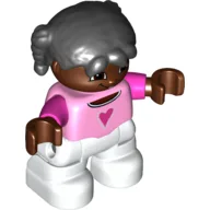 Duplo Figure Child with Pigtails Black, with Bright Pink Top with Dark Pink Heart and Sleeves - Dark Brown Face and Hands - White Legs / Bright Pink