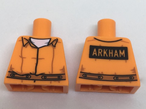Lego Torso Prisoner Jumpsuit with Dark Orange Belt over White Shirt, 'ARKHAM' on Black Rectangle on Back Pattern