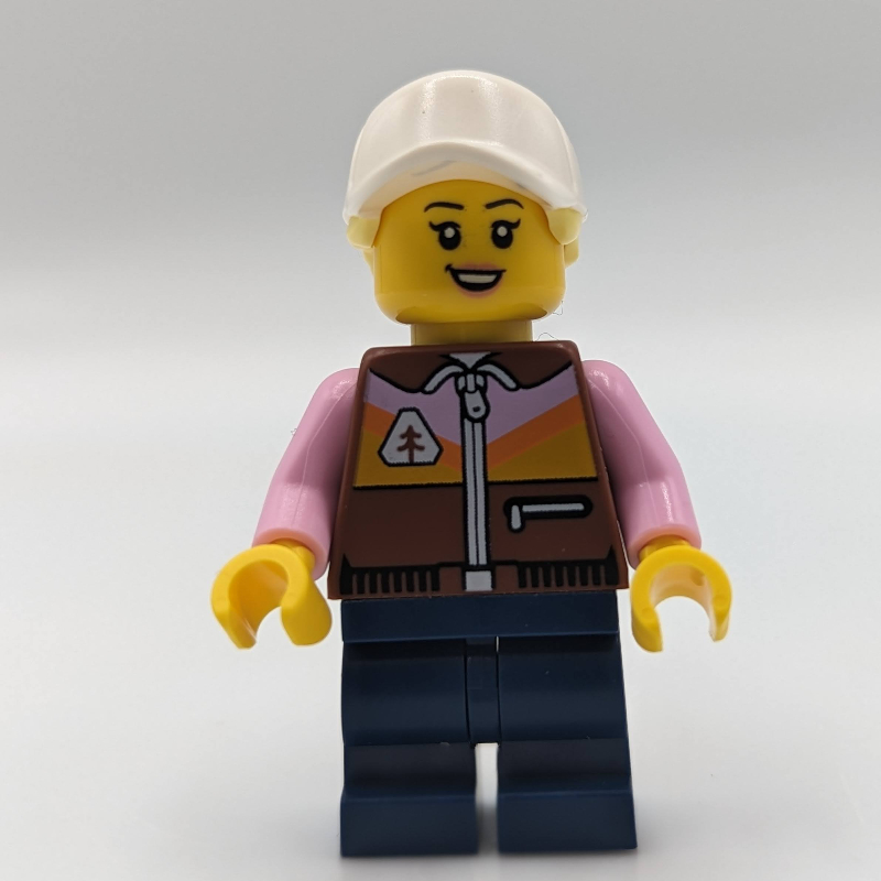 Lego Dirt Bike Rider, Female - Reddish Brown Vest, Dark Blue Legs, White Cap with Ponytail
