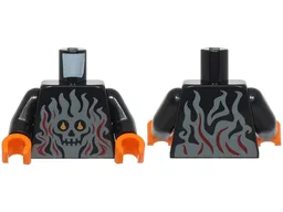 Torso with Dark Bluish Gray Flames with Dark Red Highlights and Skull with Bright Light Orange Eyes Pattern (BAM) / Black Arms / Orange Hands