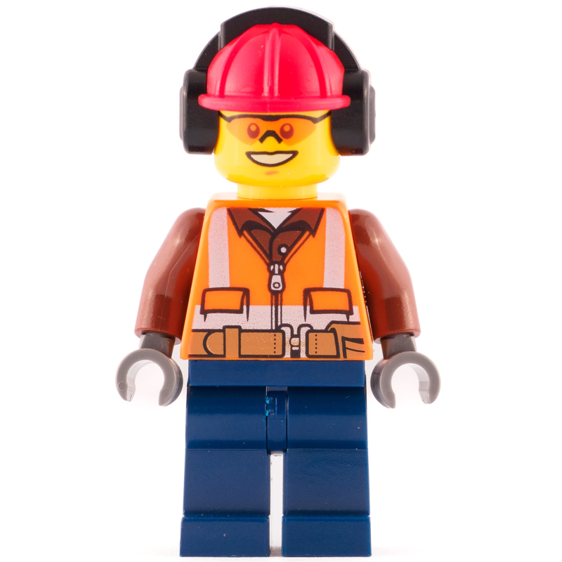 Lego Construction Worker, Orange Safety Vest with Zipper over Reddish Brown Shirt, Dark Blue Legs, Red Hard Hat with Ear Defenders, Orange Safety Glasses