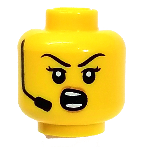 Lego Minifig Head Headset Crooked Smile/Angry Shout print / Yellow