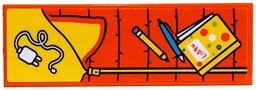 Tile 2 x 6 with Sleeping Bag with Yellow Inside, Zipper, Pencil and Diary 'LIANN', Dark Azure Pen, White Adapter Pattern (Sticker) - Set 42654 / Reddish Orange