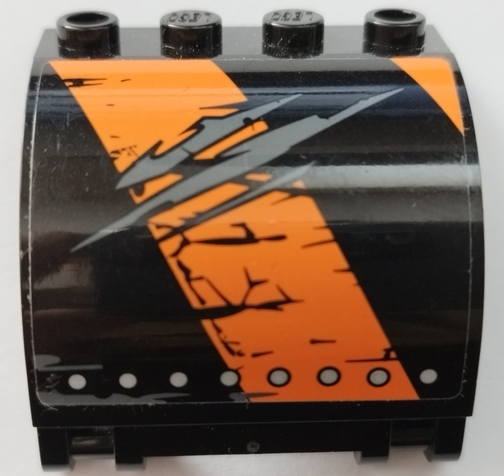 Lego Panel 3 x 4 x 3 Curved with Double Clip Hinge with Worn Black and Orange Stripes, Silver Rivets and Scratches Pattern Model Left Side (Sticker) - Set 70654