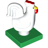 Lego Duplo Animal Chicken / Hen / Rooster, Tail, Lobe Comb, on Green Base / White