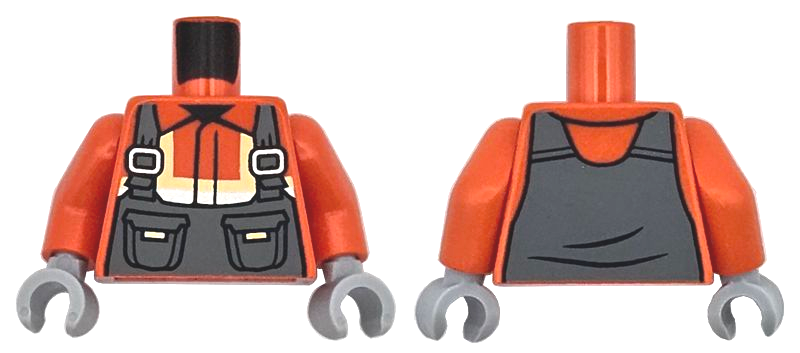 Lego Torso Dark Bluish Gray Overalls with Pockets over Safety Jacket with Bright Light Yellow and Silver Reflective Stripes Pattern / Reddish Orange Arms / Light Bluish Gray Hands