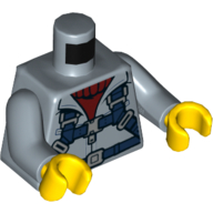 Lego Torso Jacket over Dark Red Sweater, Dark Blue Straps Print, Sand Blue Arms, Yellow Hands / Sand Blue