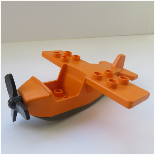Lego Duplo Airplane, High Small Wings, with Dark Gray Underside and Black Propeller / Orange