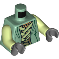 Lego Torso Robe with Light Green Straps and Gold Belt Print, Yellowish Green Arms, Dark Bluish Gray Hands / Sand Green