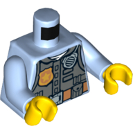 Lego Torso Police Shirt with Dark Bluish Gray Vest, Gold Badge, Tan Belt and White 'POLICE' Print on Back, Bright Light Blue Arms, Yellow Hands / Bright Light Blue