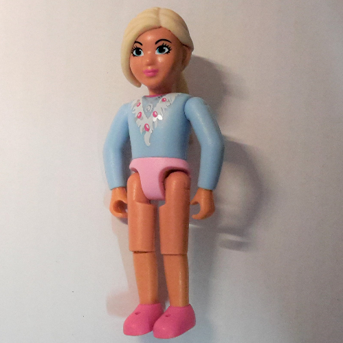 Lego Belville Figure Fixed Elbows, Child, Female, Light Yellow Hair, Light Blue Top, Silver Horseshoe Necklace, Dark Pink Shoes / [No Color/Any Color]