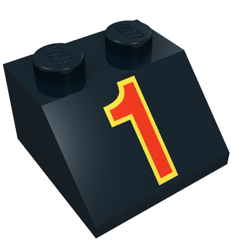 Lego Brick Sloped 45° 2 x 2 with Red '1' in Yellow Outline Print / Black