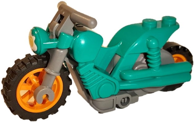 Lego Stuntz Flywheel Motorcycle Dual Exhaust Bike with Dark Bluish Gray Frame, Orange Wheels, and Dark Bluish Gray Handlebars with Fried Egg on Headlight Pattern