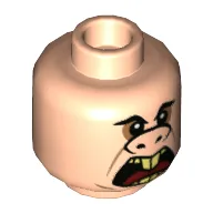 Minifig Head Underminer, Eyebrows, Upturned Nose (Pig), Small Eyes, Open Mouth Print [Hollow Stud] / Light Nougat