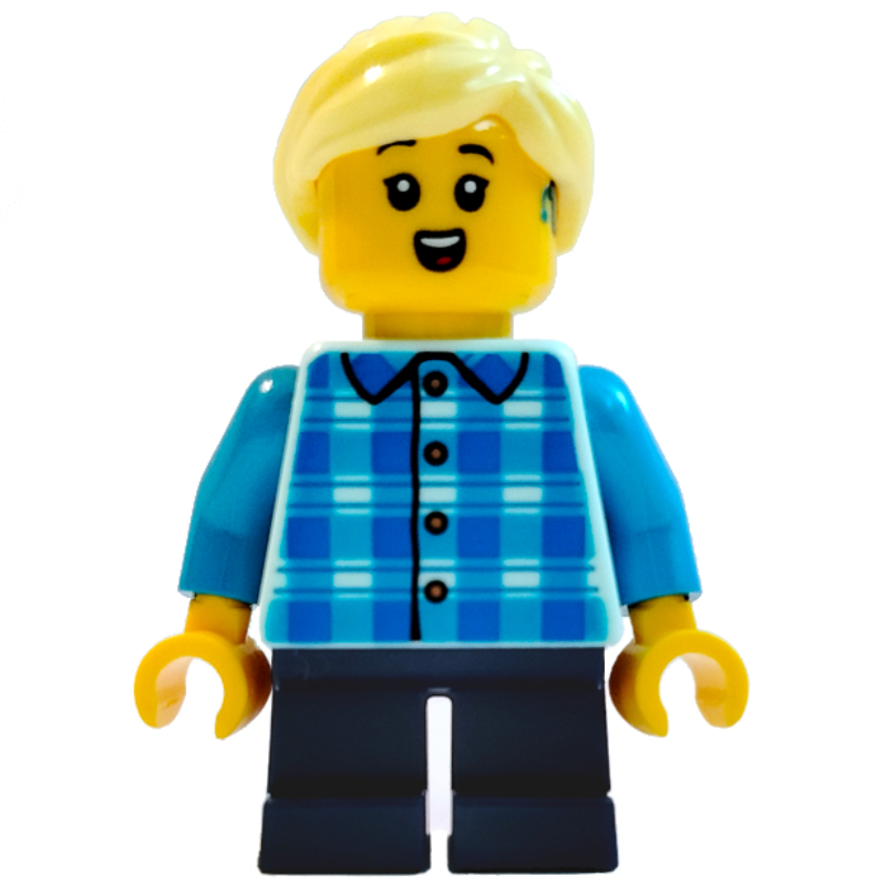 Lego Girl, White and Blue Plaid Shirt, Short Dark Blue Legs