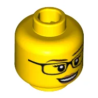 Minifig Head Scientist, Glasses, White Pupils, Eyelashes, Peach Lips, Smiling [Hollow Stud] / Yellow
