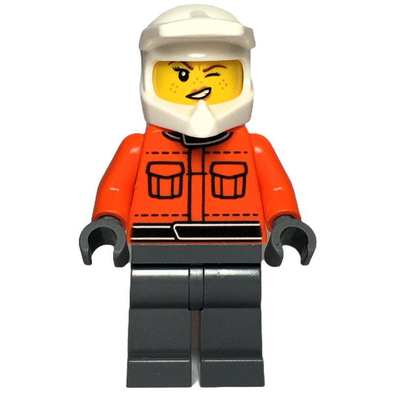Lego Pit Crew, Reddish Orange Torso, Dark Bluish Grey Legs, Female, Wink