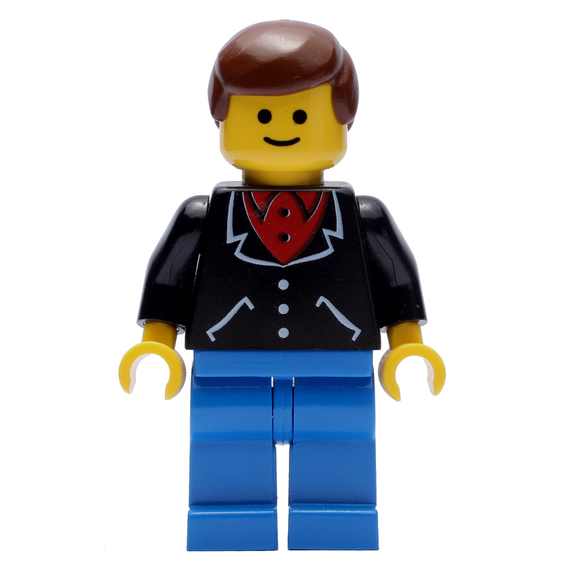 Lego Man, Black Jacket over Red Shirt, Blue Legs, Brown Hair