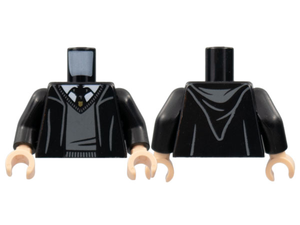 Lego Torso Robe with Hood, Dark Bluish Gray Sweater, White Shirt and Hogwarts Crest Tie Pattern / Black Arms / Light Nougat Hands
