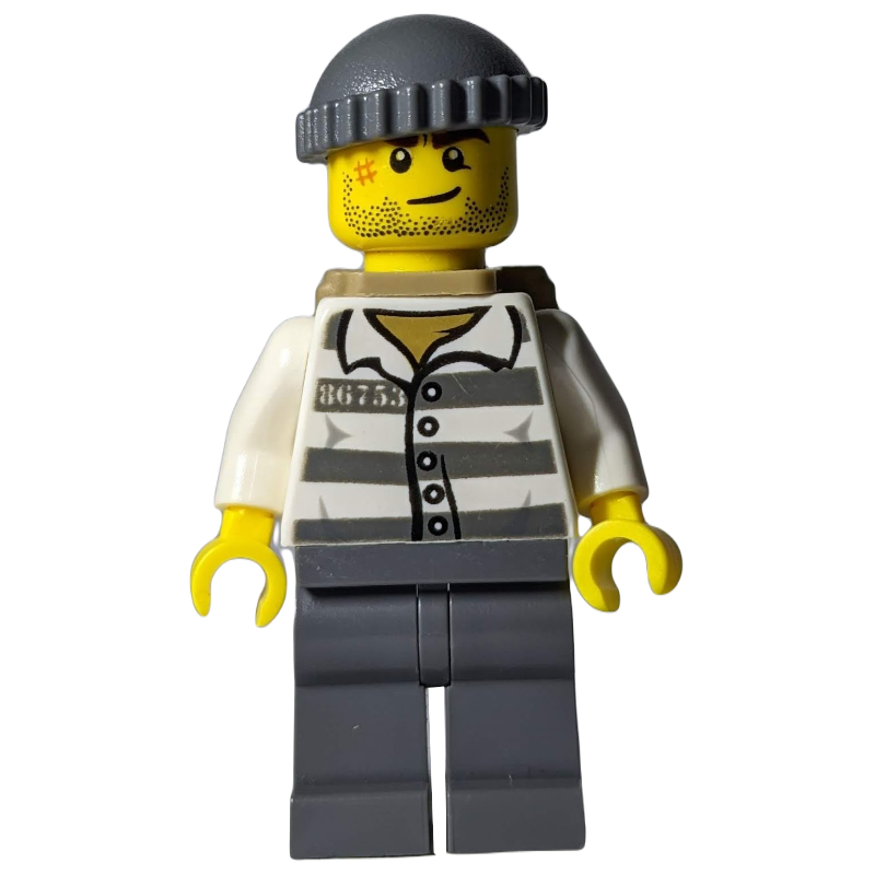 Lego Criminal, Prison Shirt with #86753, Dark Bluish Gray Legs, Dark Bluish Gray Hat, Dark Tan Backpack, Stubble