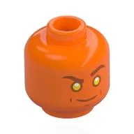Minifig Head Human Torch, Dark Orange Eyebrows, Mouth, Yellow Eyes, Lopsided Smile, Raised Eyebrow / Orange