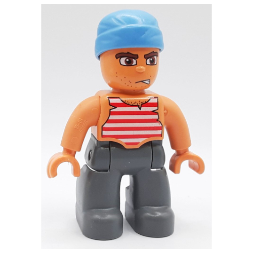 Lego Duplo Figure Pirate with Head Wrap, Dark Bluish Gray Legs, Red and White Striped Vest Print / Nougat