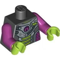 Torso Spacesuit, Three Lime Bars, Tubes, Magenta Circle Print, Magenta Arms, Lime Hands / Black