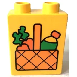 Duplo Brick 1 x 2 x 2 with Picnic Basket with Carrots and Drinks Bottle Print / Yellow