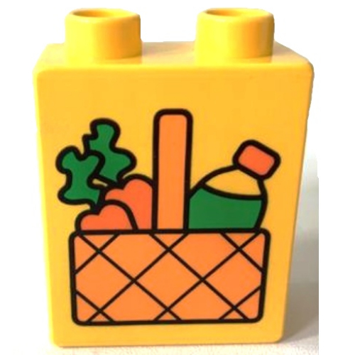 Lego Duplo Brick 1 x 2 x 2 with Picnic Basket with Carrots and Drinks Bottle Print / Yellow